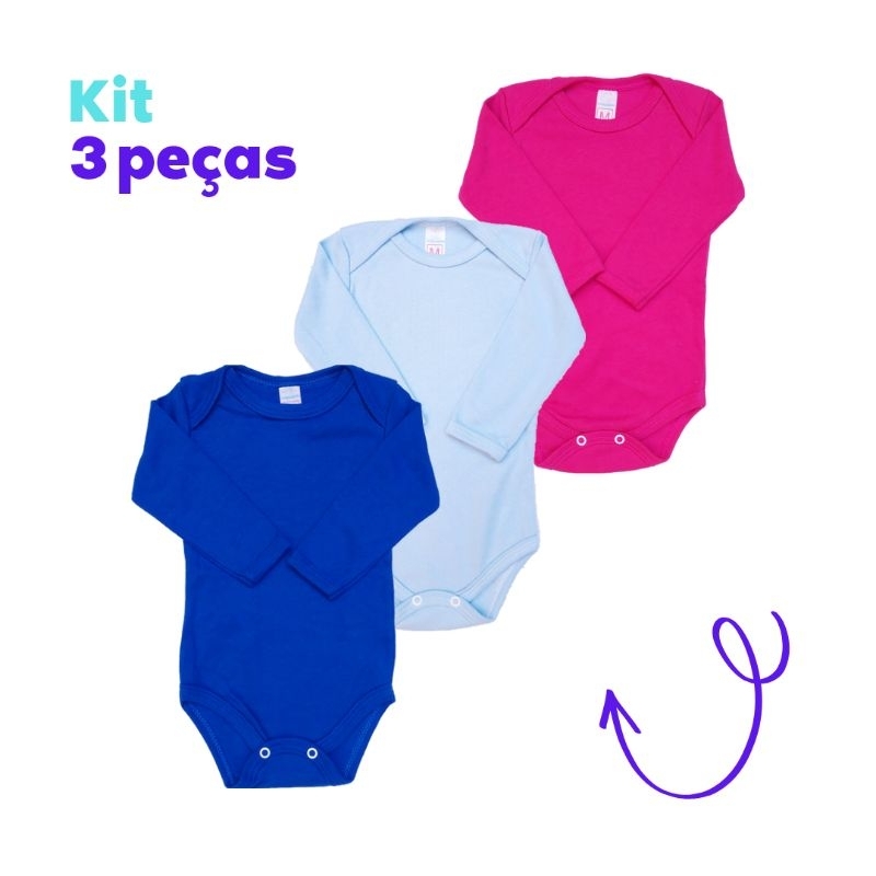 Kit 3 peças body bebê manga longa (Suedine 100% algodão) em Oferta na Shopee