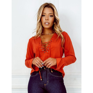 Blusa Camisa Feminina Decote Ilhos Manga Longa Flare Cordão