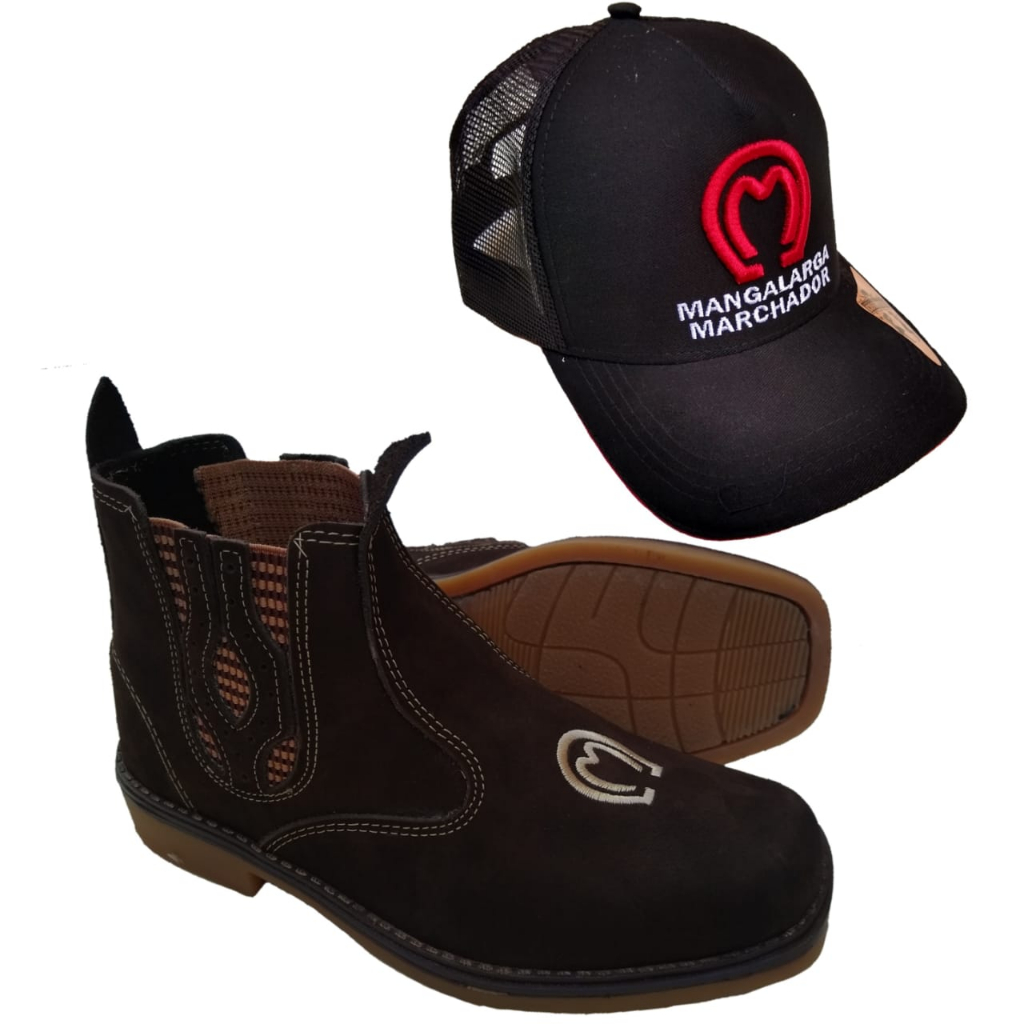 Botina Country de Couro Bordada Mangalarga + Boné Rodeio Telinha Preto Com Rosa Luxo