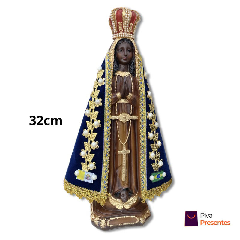 Imagem Nossa Senhora Aparecida 32cm Manto Trabalhado com Perólas Coroa c/ Strass - Modelo Premium Original Católica