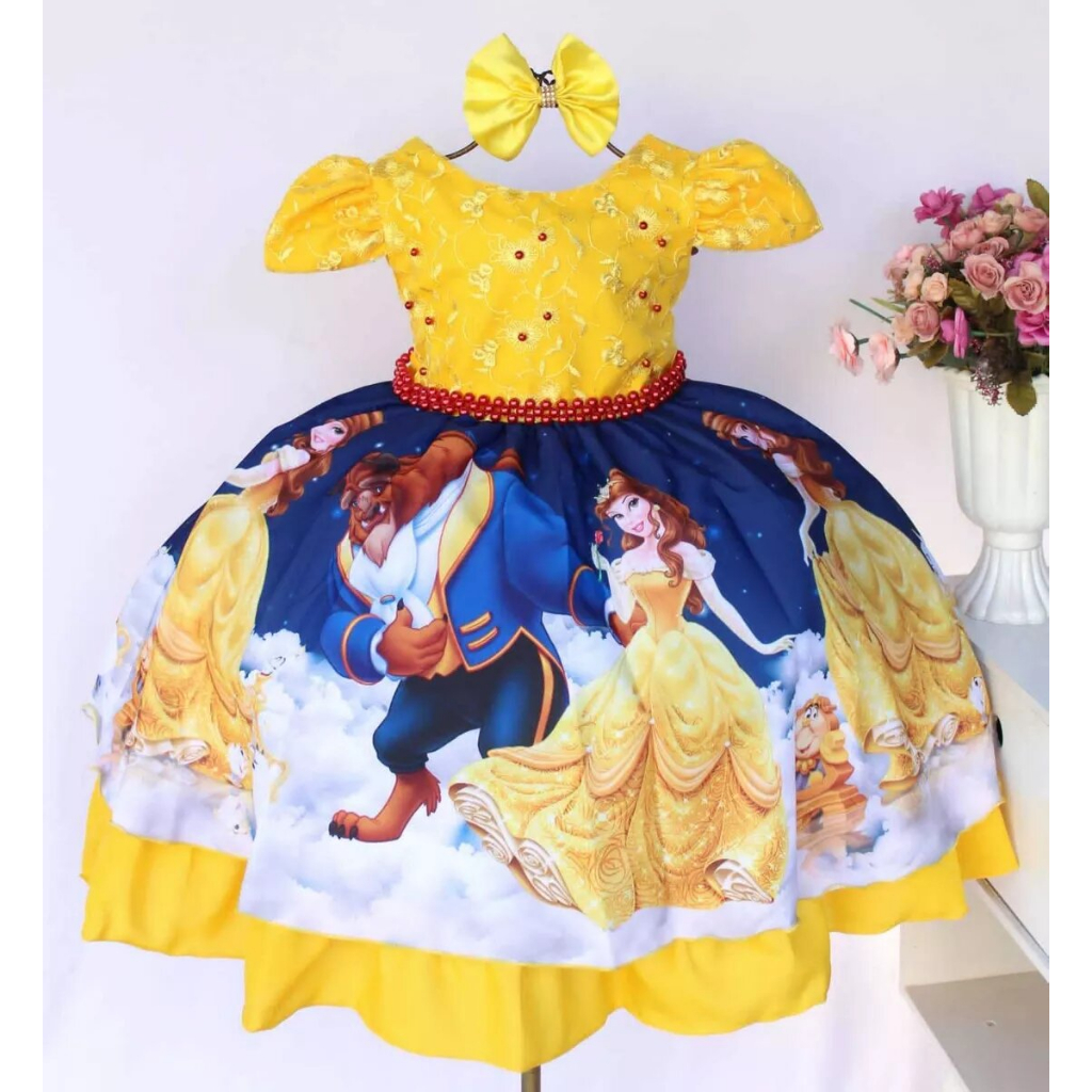 Vestido Infantil Para Festa Tema Bela E A Fera Luxo E Tiara