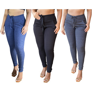 kit 3 calças feminina jogger cintura alta com elastano