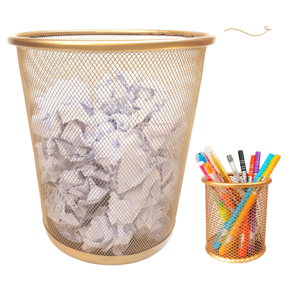 Kit Lixeira Escritório E Porta Caneta Dourado