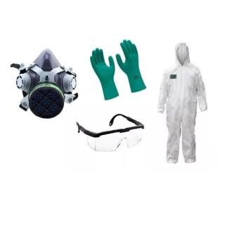 Combo Proteção Máscara  Respirador C/filtro P/ Pesticida Macacão Luva E Óculos em Oferta na Shopee