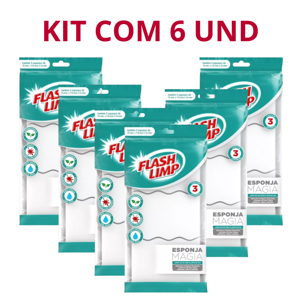 Kit com 6 Esponja Mágica Ecológica FlashLimp Limpa Paredes Limpa Tudo