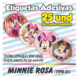 Kit De 100 Etiquetas Adesivas Minnie Rosa em Oferta na Shopee
