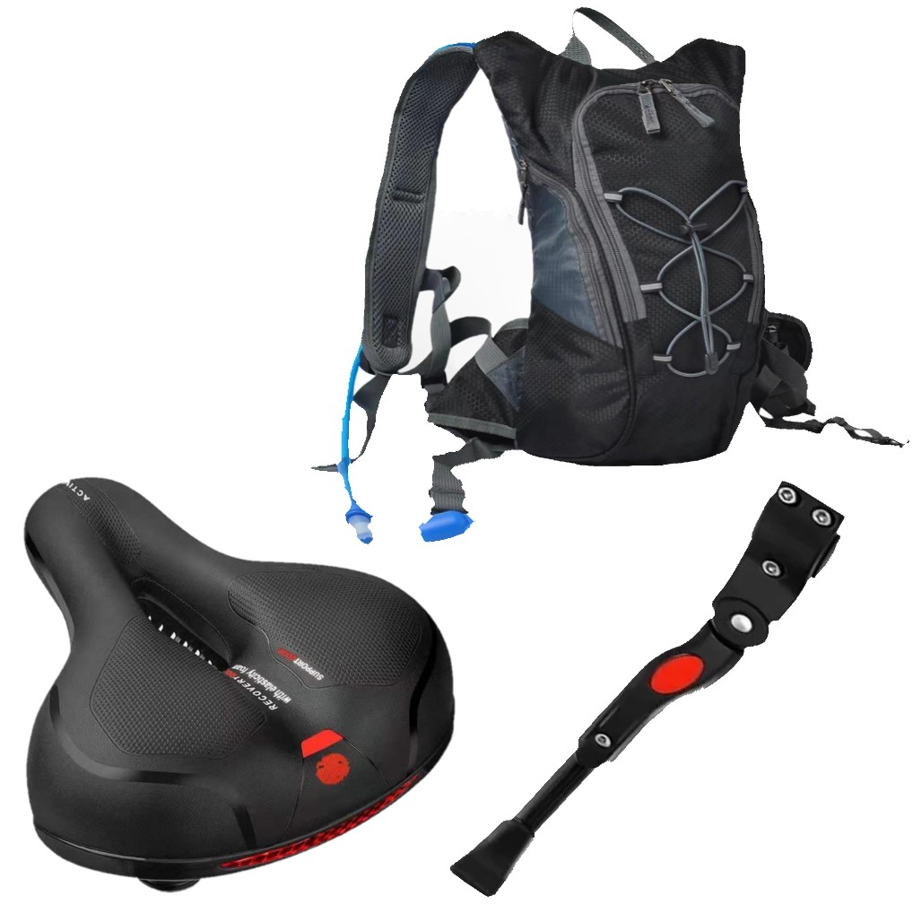 Kit Bike Banco Selim Anatômico + Mochila hidratação + Pezinho descanso bike Acessórios Ciclismo