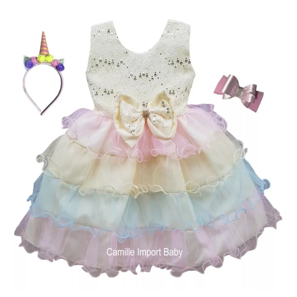 Vestido Unicórnio Arco Íris Cute Festa Faixa E Tiara