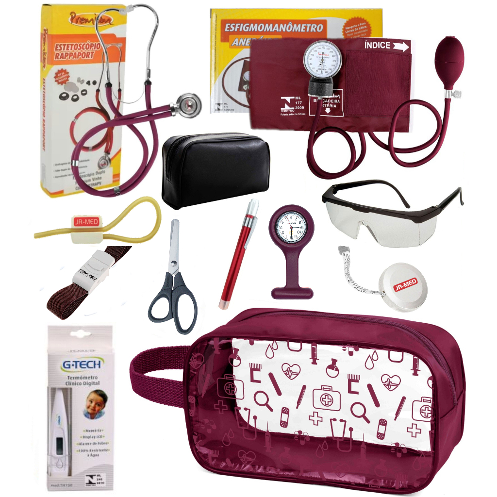 Kit Material de Enfermagem Aparelho Pressão com Estetoscópio Duplo Rappaport Premium Completo Cores + Necessaire