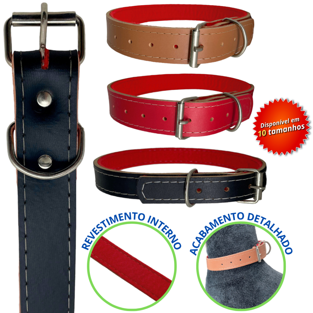 Coleira de couro forrado ajustável para cães pequeno médio e grande porte resistente em Oferta na Shopee