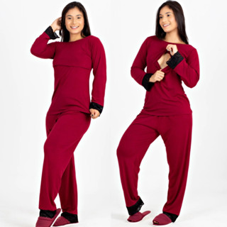 Pijama Amamentação Soft Fluffy Marsala Com Renda