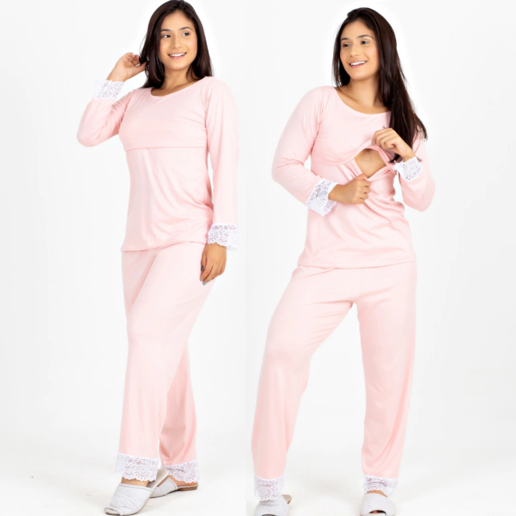 Pijama Amamentação Soft Fluffy Rosa Com Renda