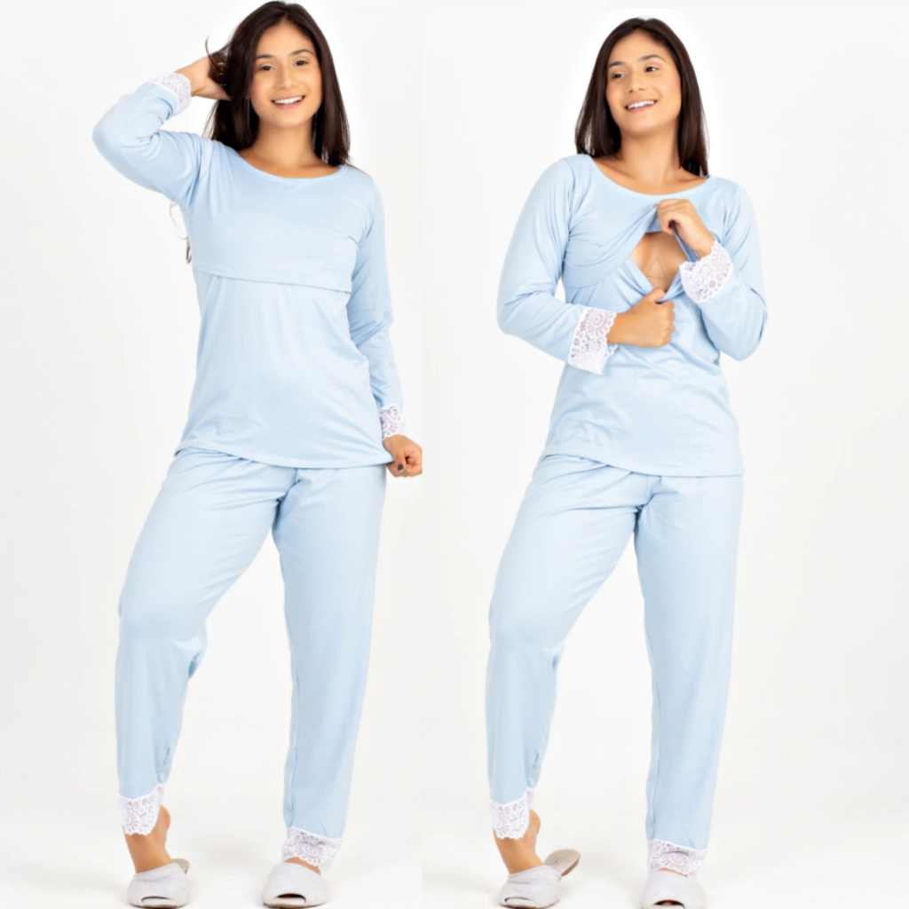 Pijama Amamentação Soft Fluffy Azul Claro Com Renda