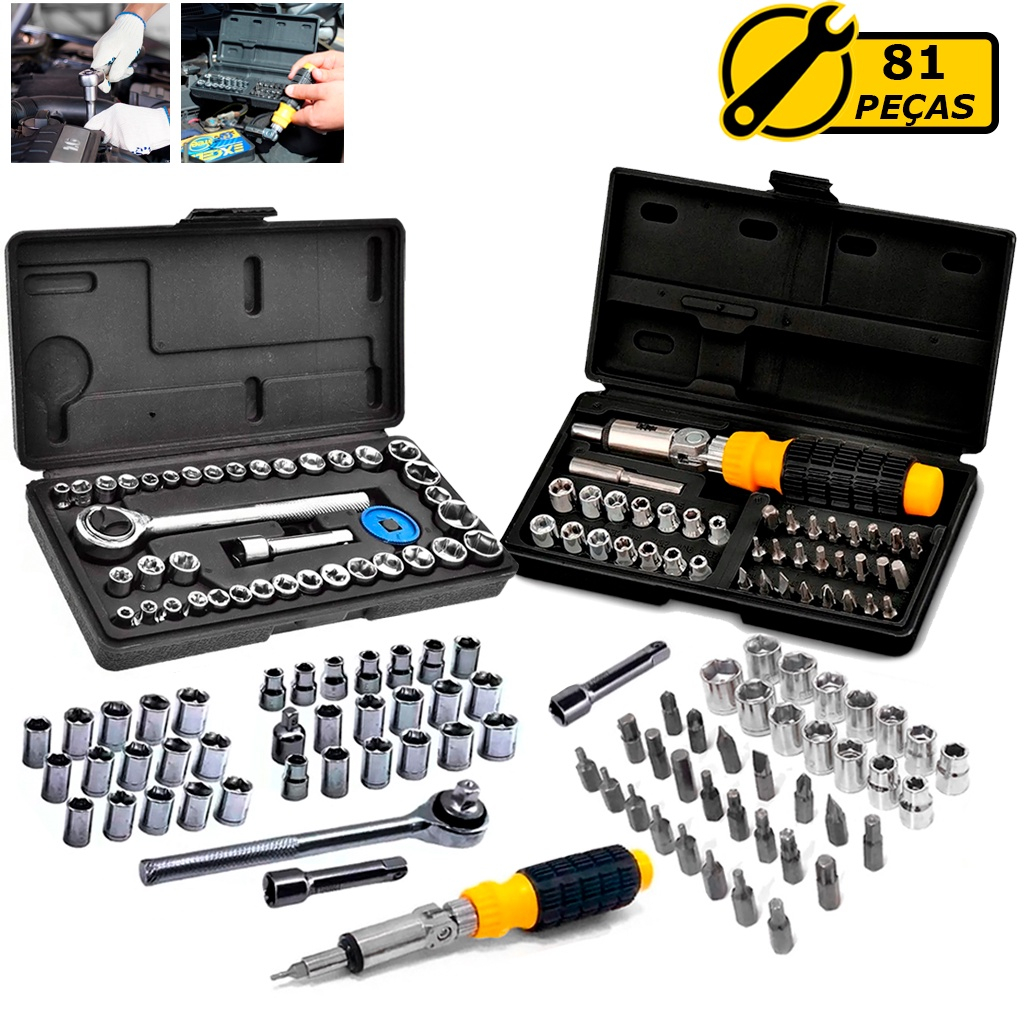 Kit Jogo de Ferramentas Chave Catraca Reversível Soquetes Bits 81 Peças em Oferta na Shopee