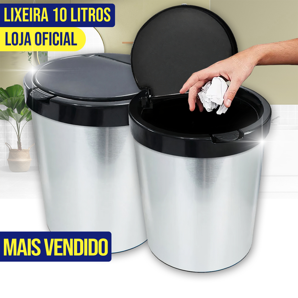 Lixeira Cesto de Lixo 10 Litros Inox Automática Tampa Click Label Banheiro Cozinha Escritório Quarto em Oferta na Shopee