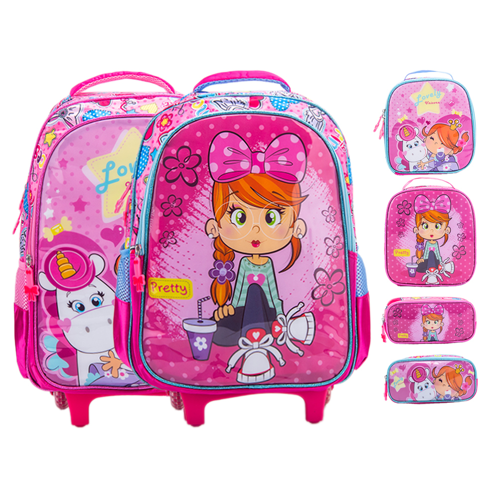 BMA9312ML-KIT Kit Mochila Escolar Infantil de Rodinhas Menina Bolsa Resistente Impermeável Com Lancheira e Estojo