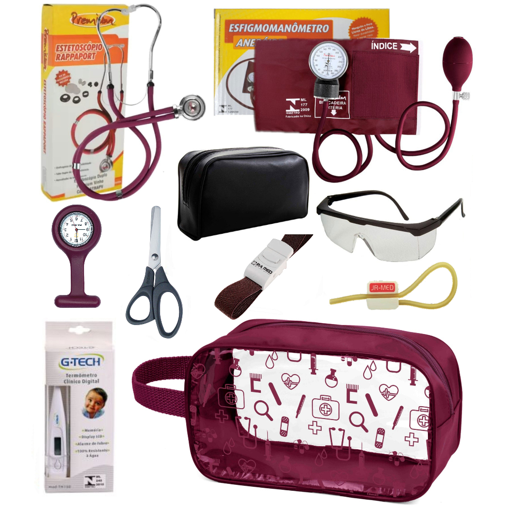 Kit Material Enfermagem Aparelho de Pressão com Estetoscópio Rappaport Duplo Premium Completo + Relógio + Necessaire
