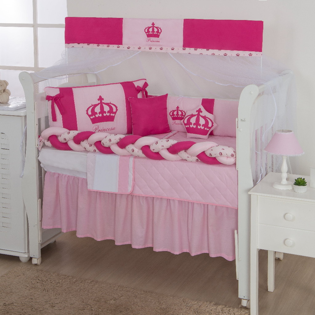 Kit berço americano trança 12 peças coroa princesa  menina rosa/pink