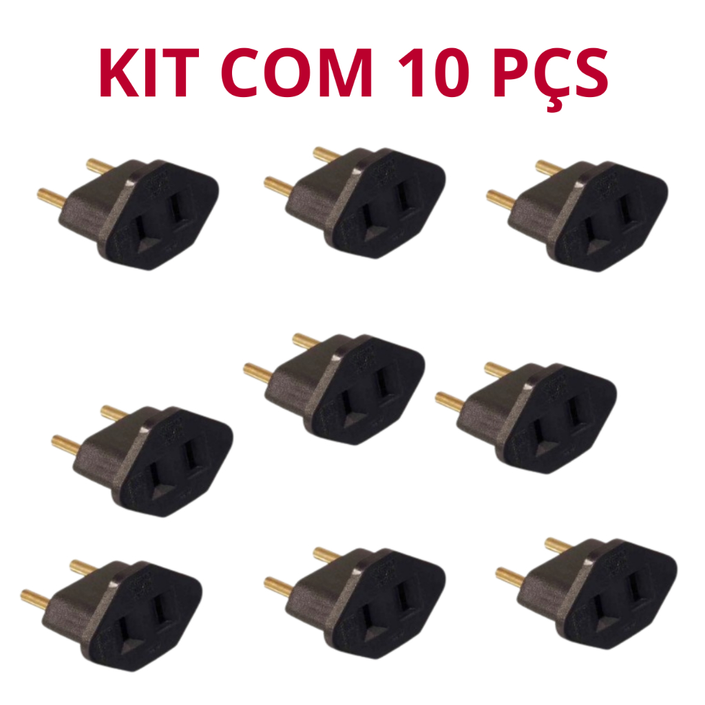 Kit com 10 Pino Adaptador Tomada Extensão Rev Chato 2P 10A