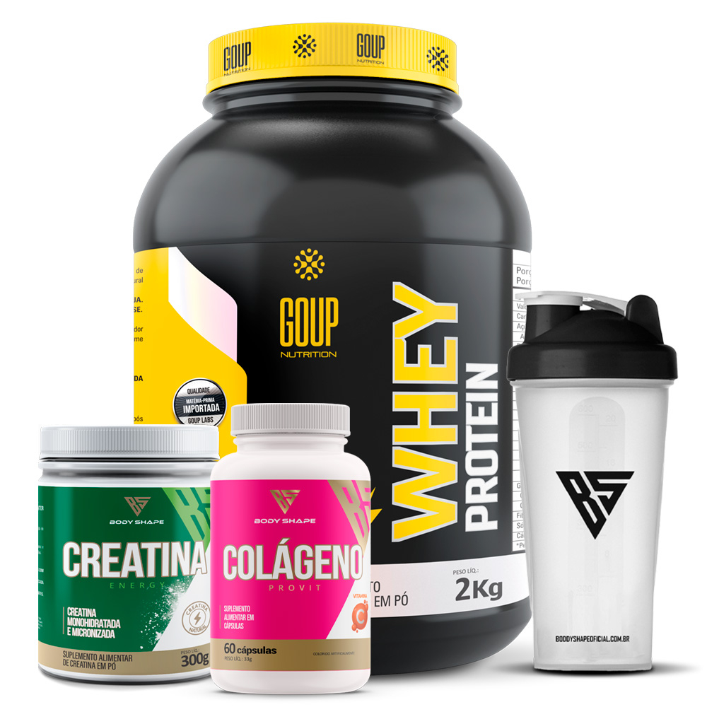 Kit Whey Protein Concentrado 2kg + Creatina 300g + Colágeno Hidrolisado 60 caps + Coqueteleira