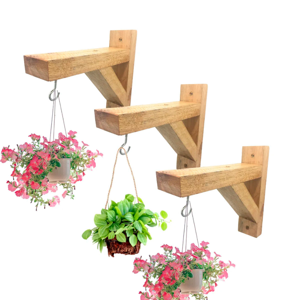 Kit 3 Suporte Plantas Mão Francesa Madeira Pinus Macramê 20x20 Com Parafuso Bucha e Gancho