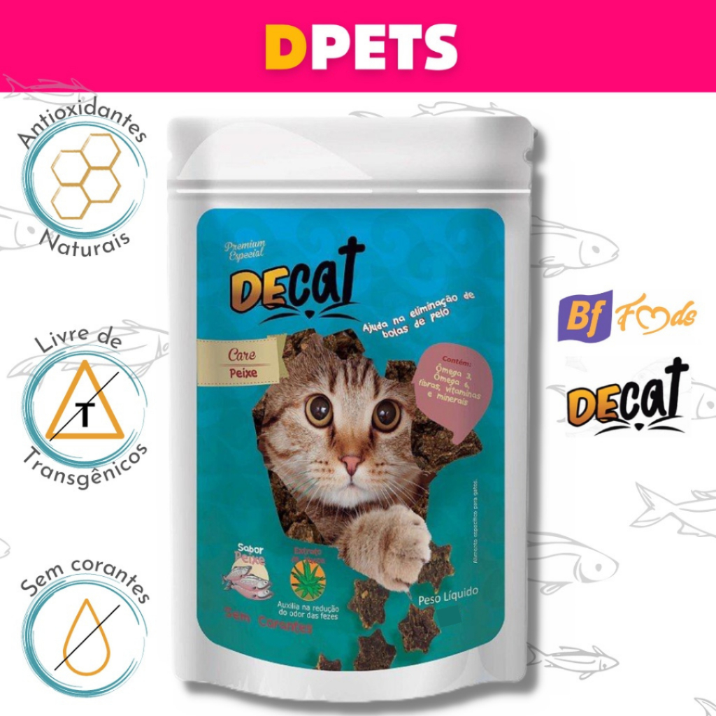 Snack Petisco DeCat 300g Para Gatos Sabor Peixe Auxilia na Eliminação das Bolas de Pelo