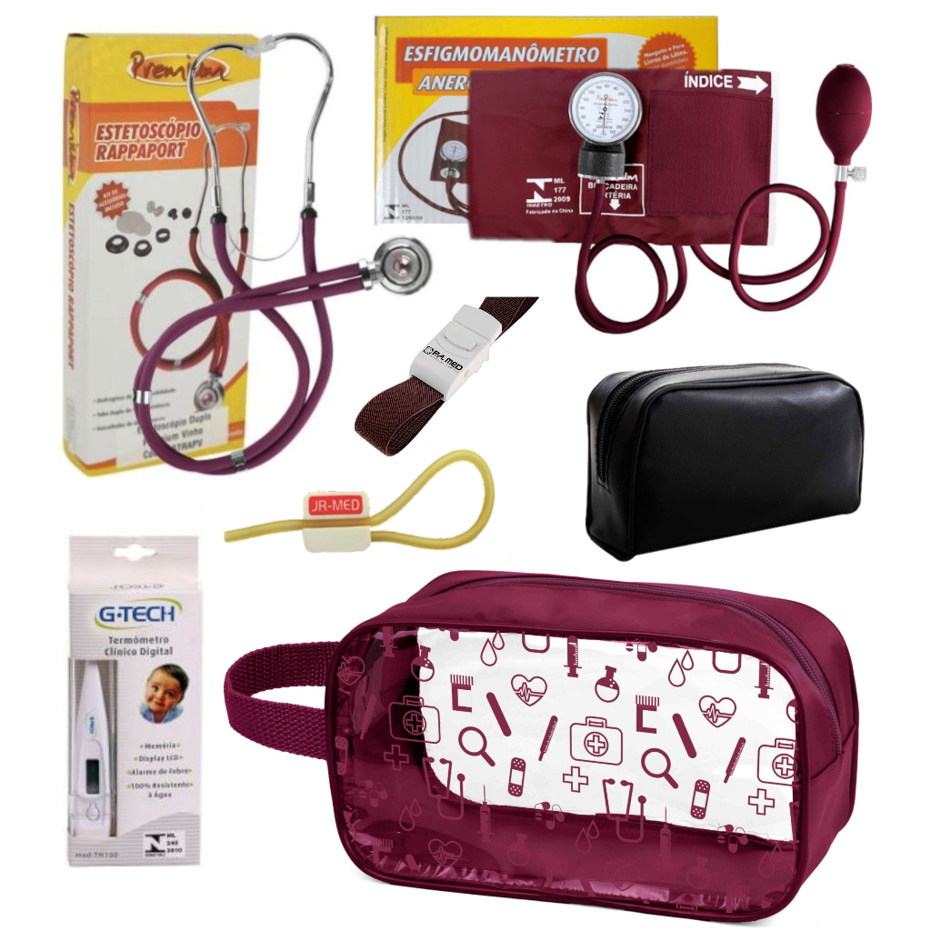 Kit Material de Enfermagem Aparelho Pressão com Estetoscópio Rappaport Duplo Premium + Termômetro + Nécessaire
