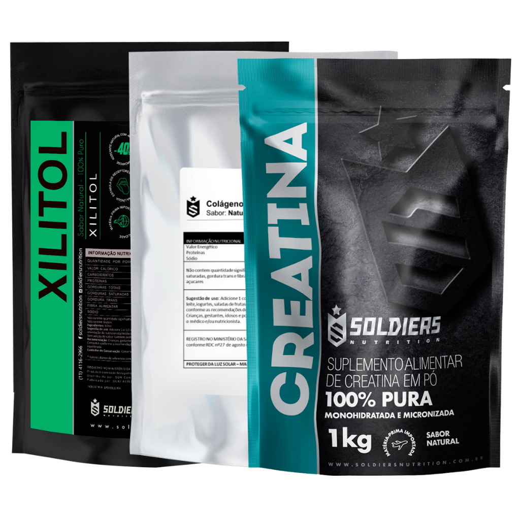 Kit: Colágeno Tipo 1 Hidrolisado 1Kg + Creatina Monohidratada 1Kg + Xylitol 1Kg - 100% Puro - Soldiers Nutrition