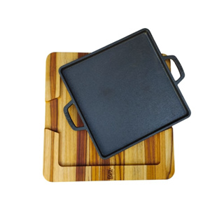 Kit Tábua de Madeira e Chapa de 22cm de Ferro Fundido Bifeteira para Servir Porção em Oferta na Shopee