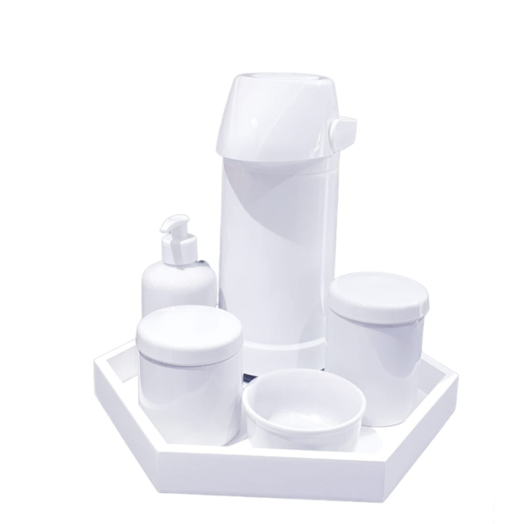 Kit higiene Bebê porcelana branco maternidade menina menino garrafa térmica grande pressão potes saboneteira