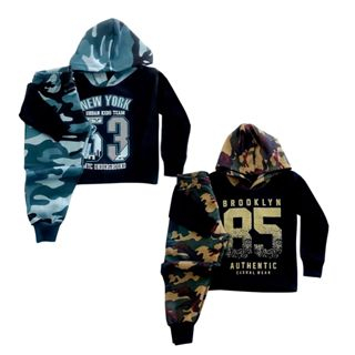 Conjunto moletom flanelado com capuz roupa frio inverno capote masculino infantil camuflado Tamanhos 1 2 3 4 6 8