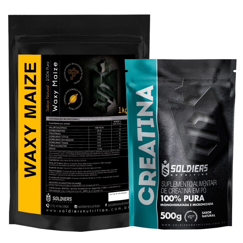 Kit: Creatina Monohidratada 500g + Waxy Maize 1Kg - 100% Puro Importado - Soldiers Nutrition