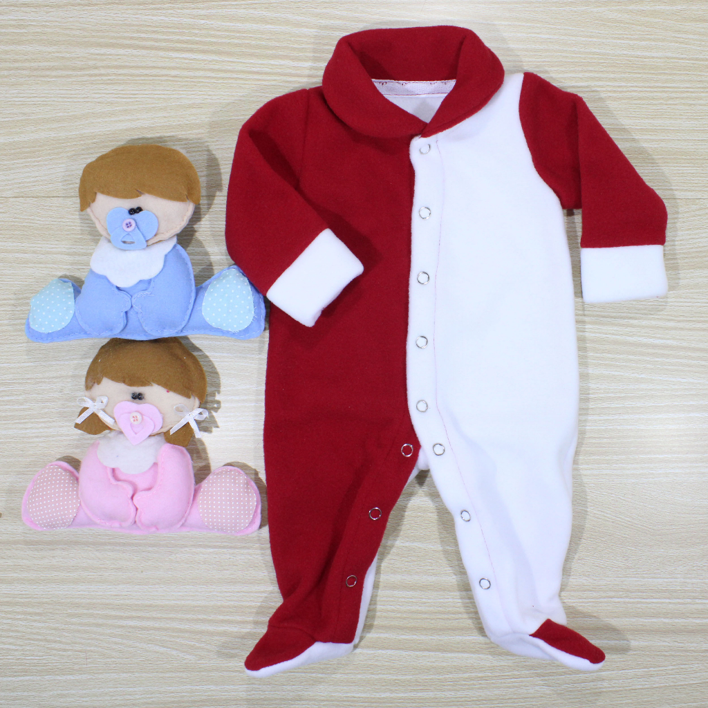 Macacão Tip Top Bebê Prematuro em Microsoft Branco com Mangas, Gola e Metade da Frente Vermelho
