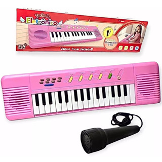 Piano de Brinquedo Rosa Teclado Musical Infantil Eletrônico Karaokê Vários Sons e Ritmos Com Microfone