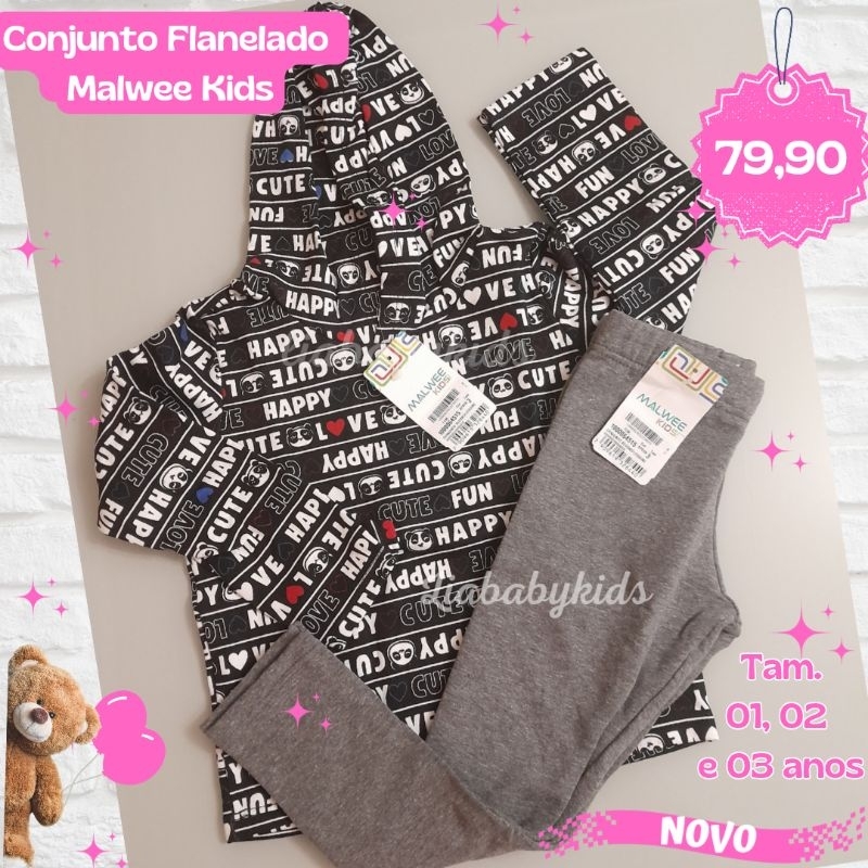 Conjunto de Moletom Infantil Feminino Flanelado Malwee - Conjunto Inverno - Tamanho 1, 2 ou 3 anos - Agasalho Infantil