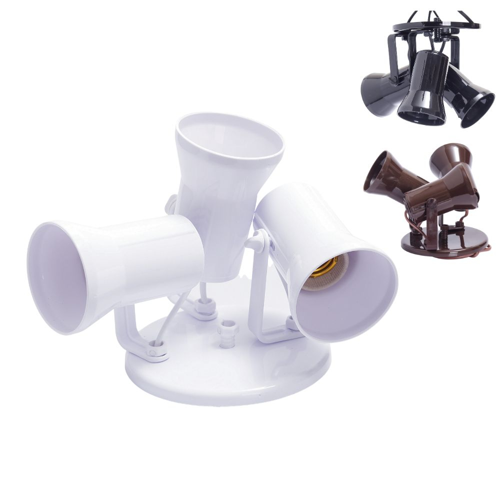 Luminária Spot Sobrepor Teto Parede Soquete Porcelana 3 Lâmpadas E-27 Foco Direcionável Branco Marron Preto Sykalight
