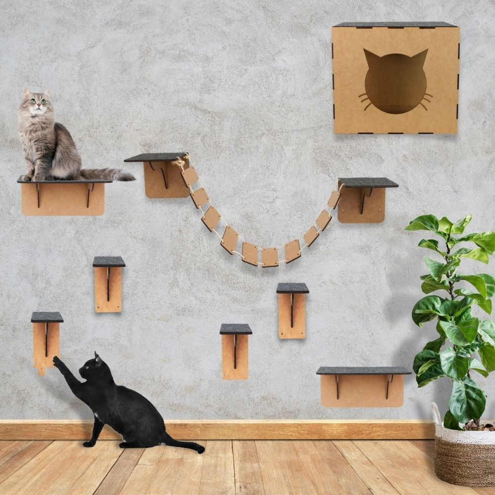 Playground para Gatos 8 Peças Kit Playground Gato Parede Brinquedo para Gato Com Casinha Ponte Prateleiras Degraus Em Mdf Com Carpete