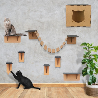 Playground para Gatos 8 Peças Kit Playground Gato Parede Brinquedo para Gato Com Casinha Ponte Prateleiras Degraus Em Mdf Com Carpete