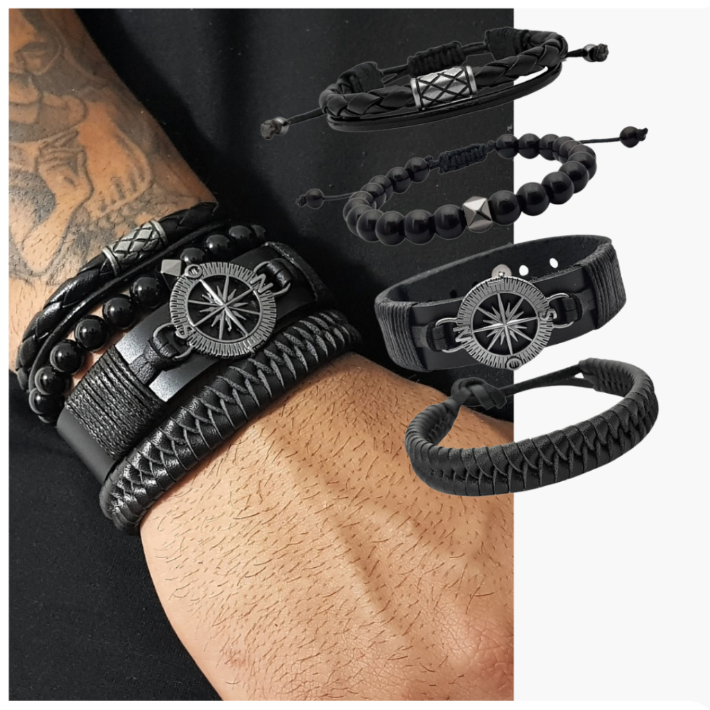 Pulseiras Masculinas de Couro Bússola Kit C/04