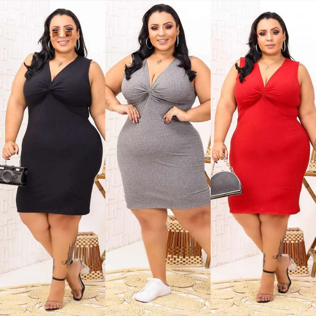 Vestido Plus Size Curve Feminino Decote V Nozinho Canelado