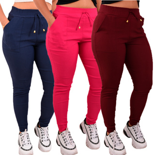 Kit 3 Calças Jogger Feminina Cintura Alta Elastano Bolsos em Oferta na Shopee