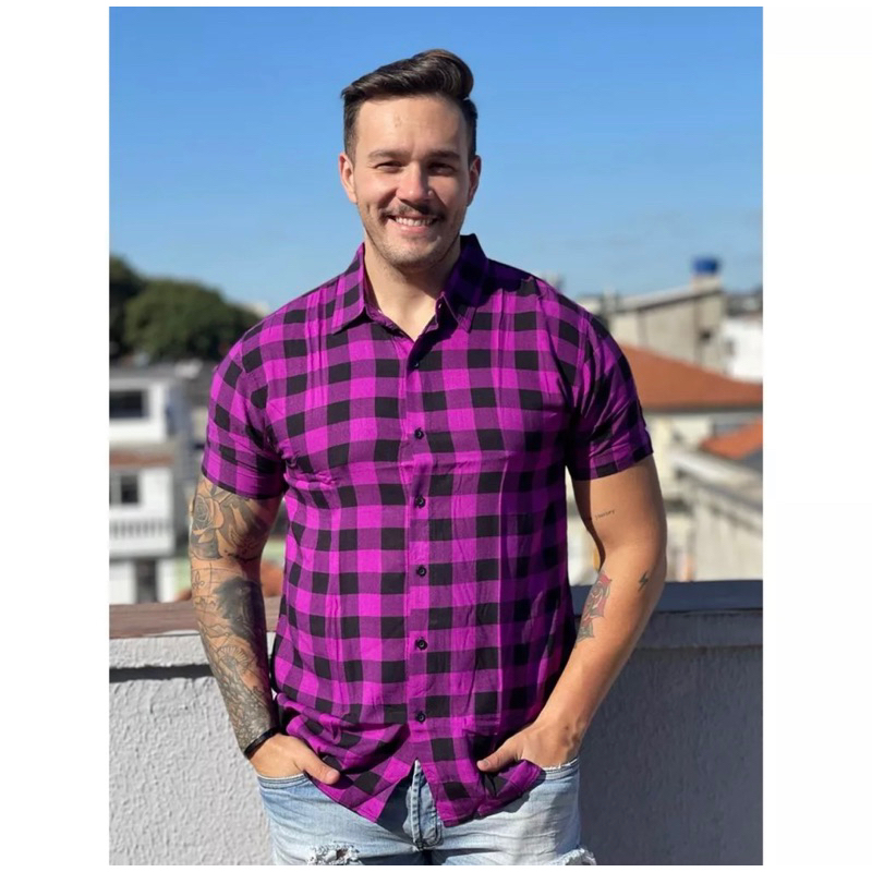 Camisa Xadrez Flanelada Masculina MANGA CURTA de Botão Estilo Junino