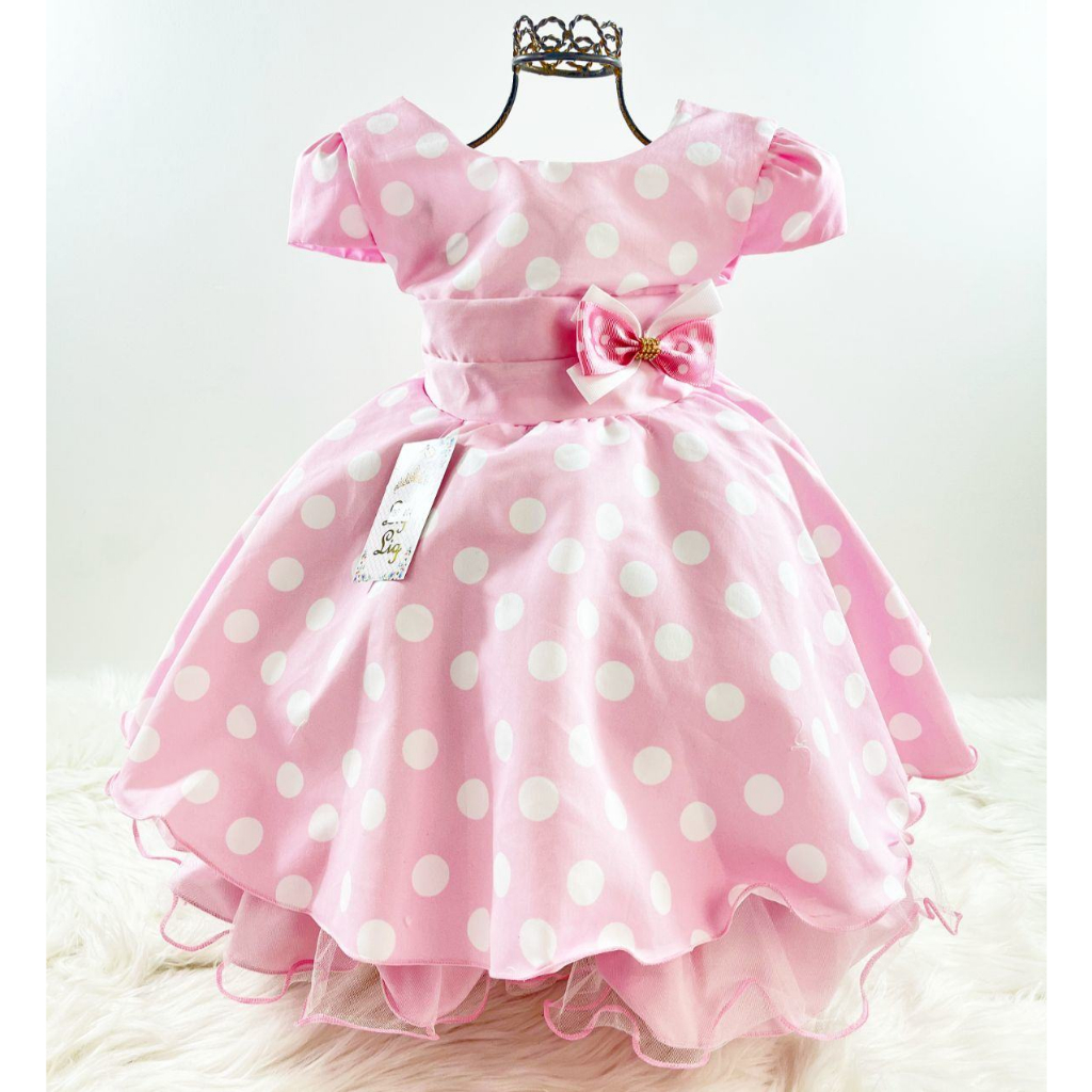Vestido Infantil de Festa Luxo Princesa da Minnie Rosa com Bolas Brancas