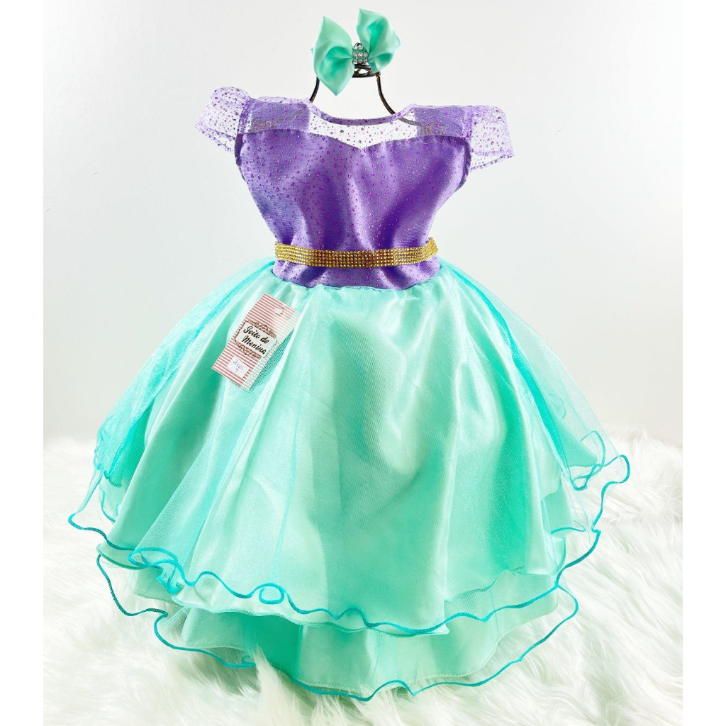 Vestido Infantil de Festa Luxo Princesa Temático Sereia Ariel Lilás e Verde (Tam 1 ao 4)