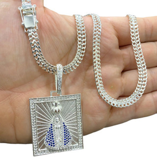 Cordão Grumet Masculina Escama dupla 7mm a Prata Mista 925 Pingente Nossa Senhora Cravejado Zircônias