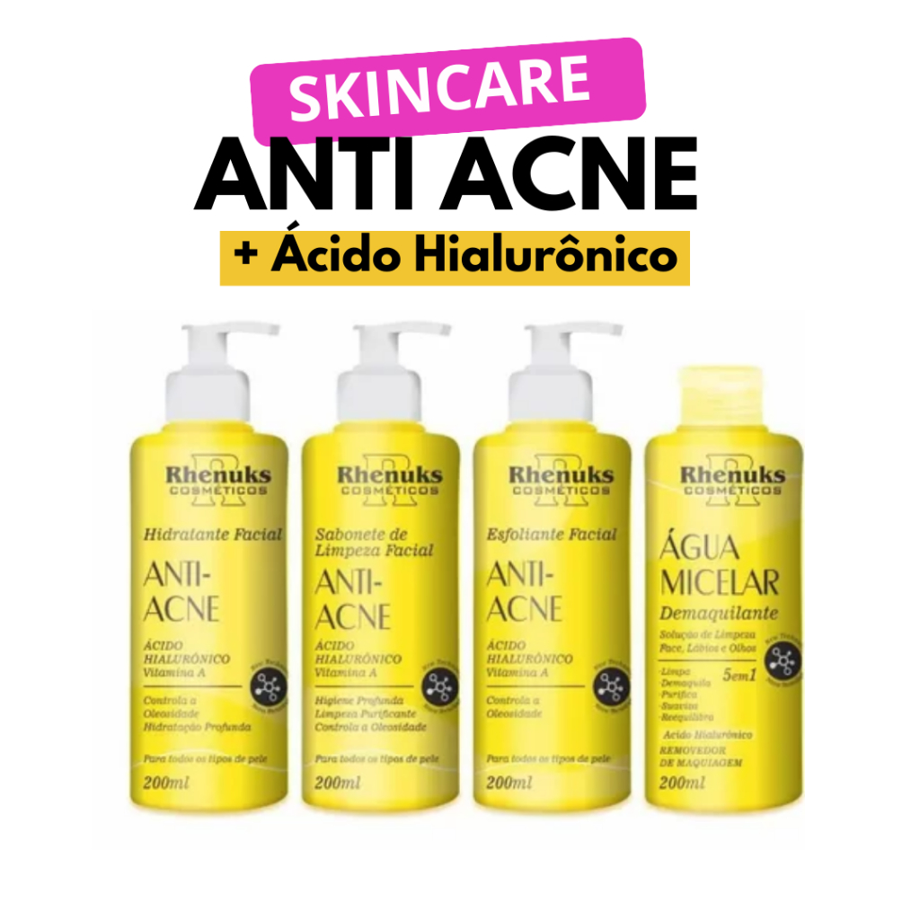 Kit Anti Acne Skincare Completo Tratamento facial com Vitamina A + Hialurônico Rhenuks com 4 Unidades Tratamento de pele