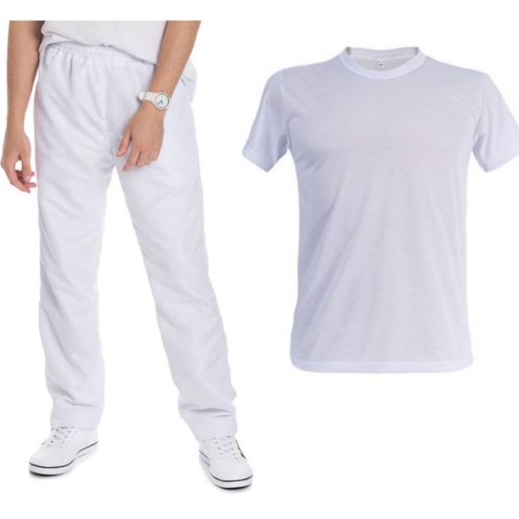 Kit Calca  Branca e Camisa Poliester Branca Manga Curta em Oferta na Shopee