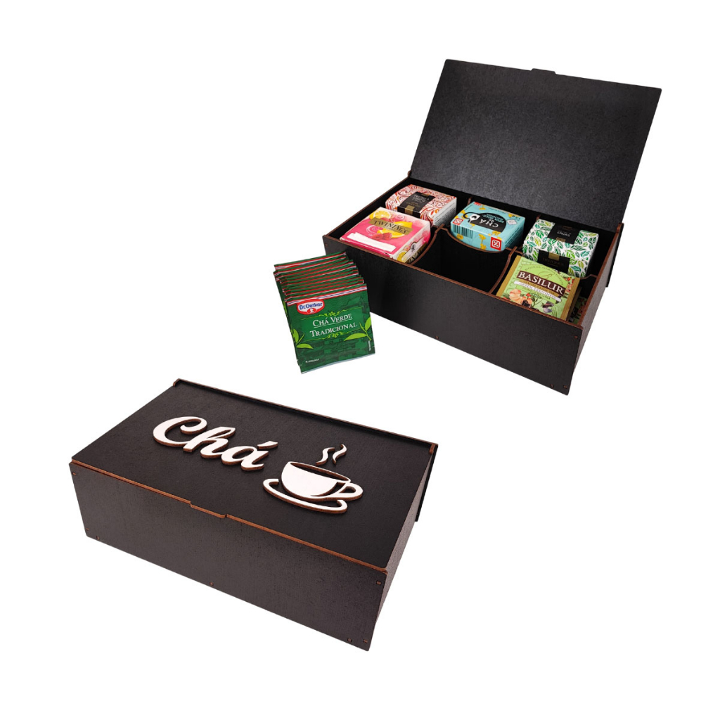 Caixa de Chá Sachê possui 6 compartimentos, Fabricada em Mfd Pintado.