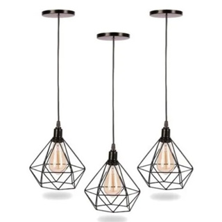 Kit 3 Pendentes Luminaria Lustre Diamante Aramado Preto Cabo Regulavél em Oferta na Shopee