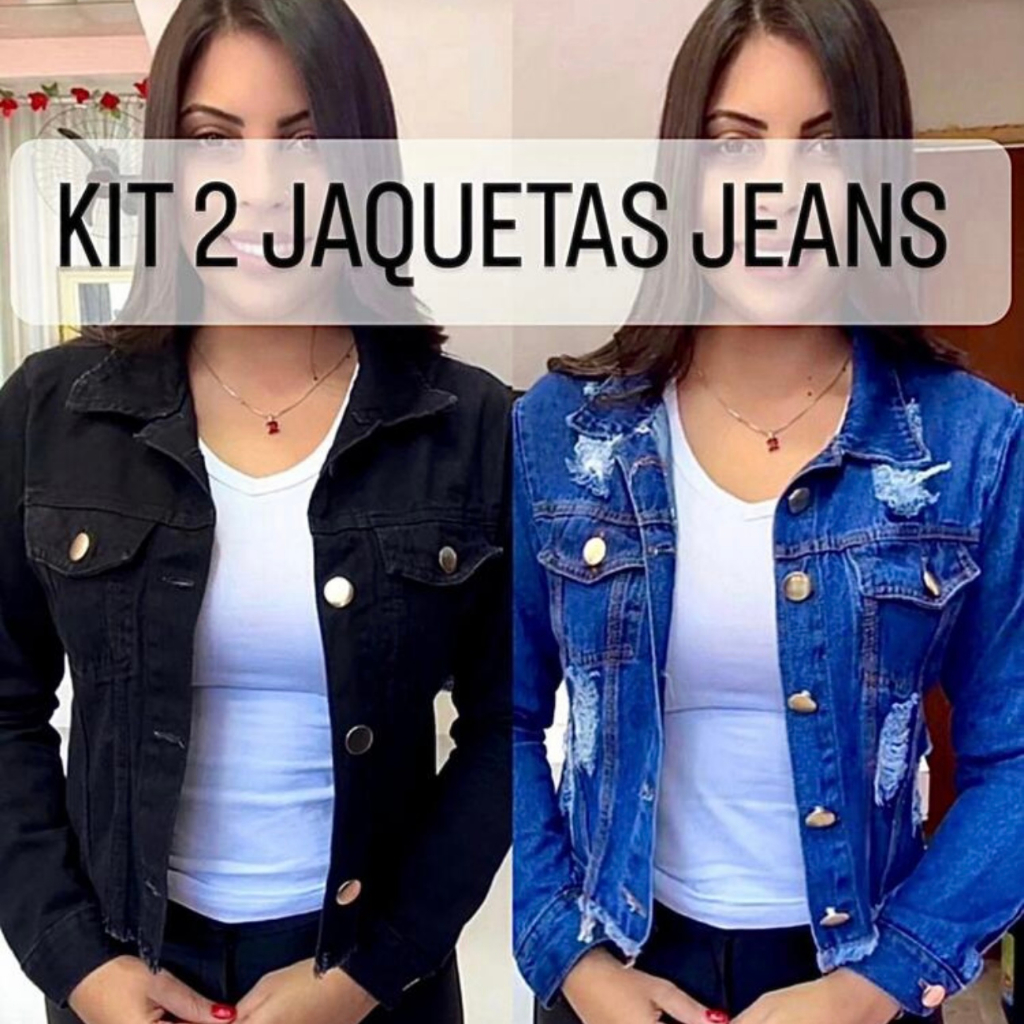 Kit 2 Jaquetas Jeans Feminina Premium Azul Escuro e Preta em Oferta na Shopee
